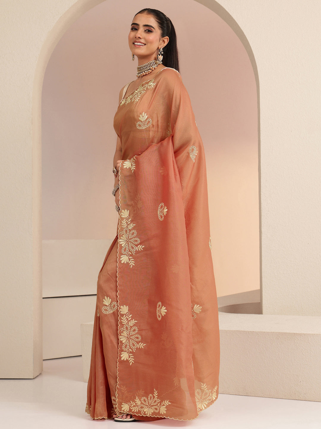  Peach Floral Embroidered Net Saree 