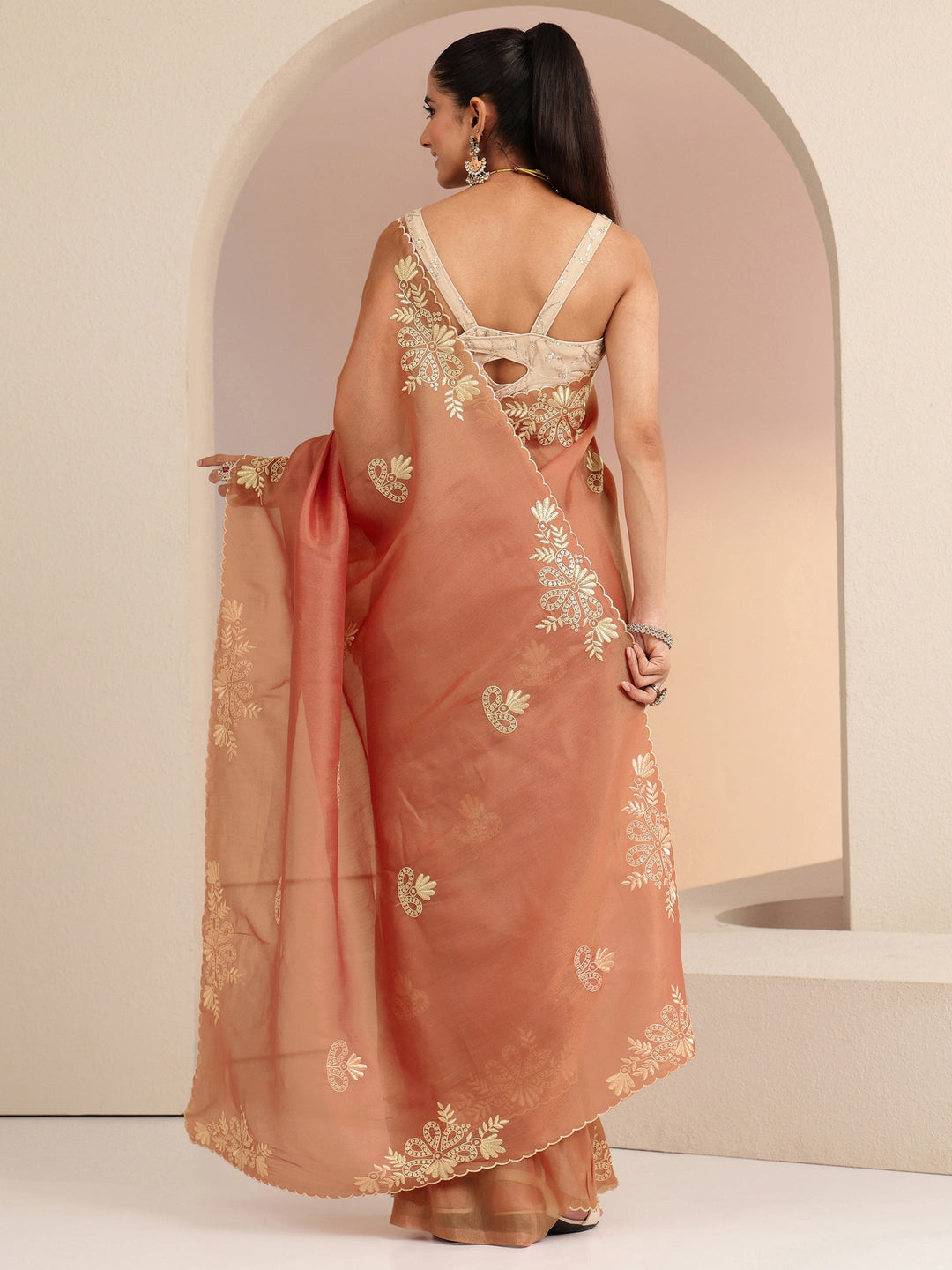  Peach Floral Embroidered Net Saree 