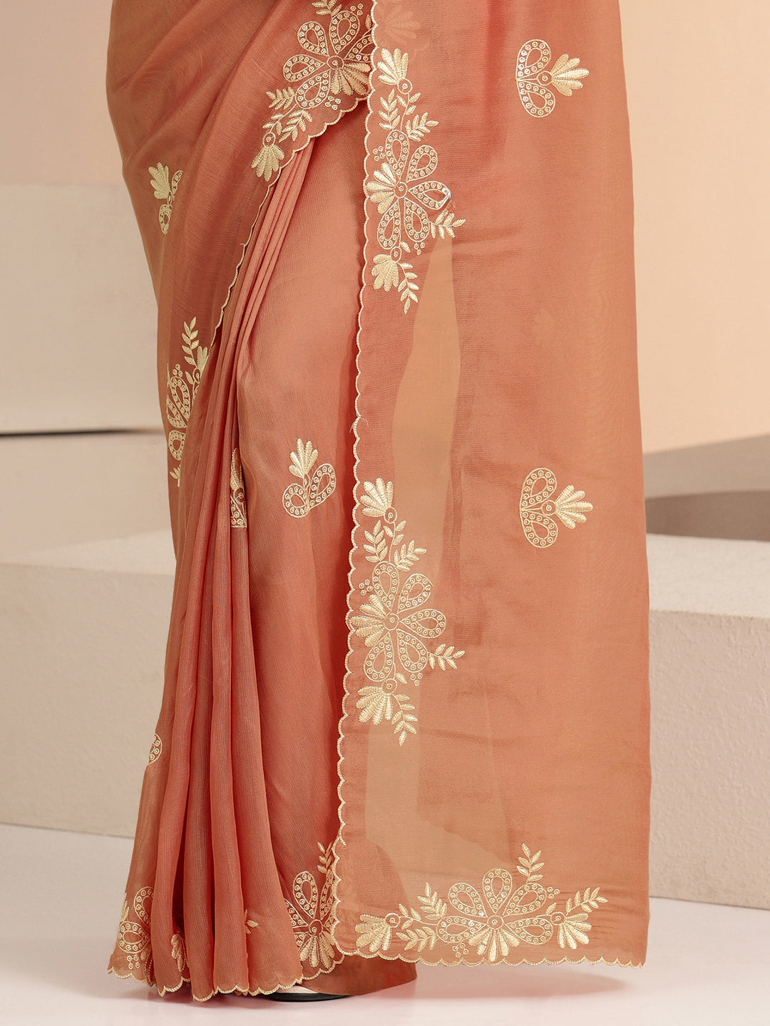  Peach Floral Embroidered Net Saree 