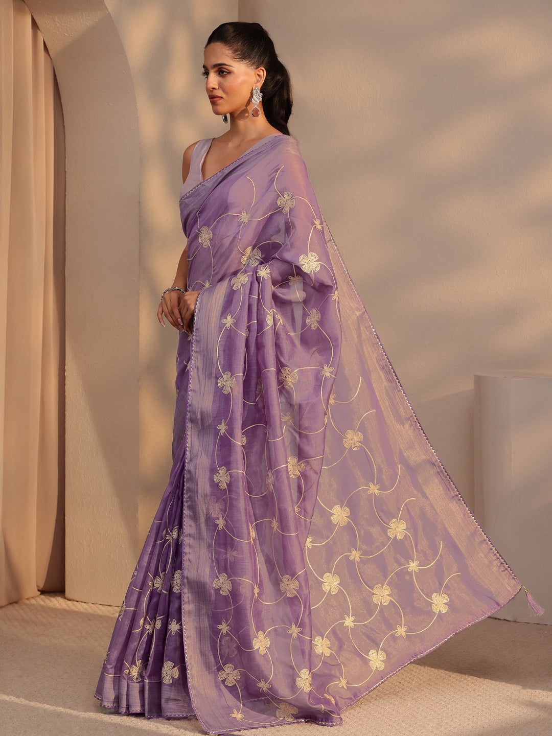  Purple Floral Embroidered Tissue Saree 