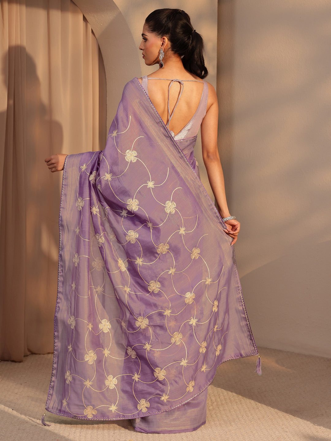  Purple Floral Embroidered Tissue Saree 