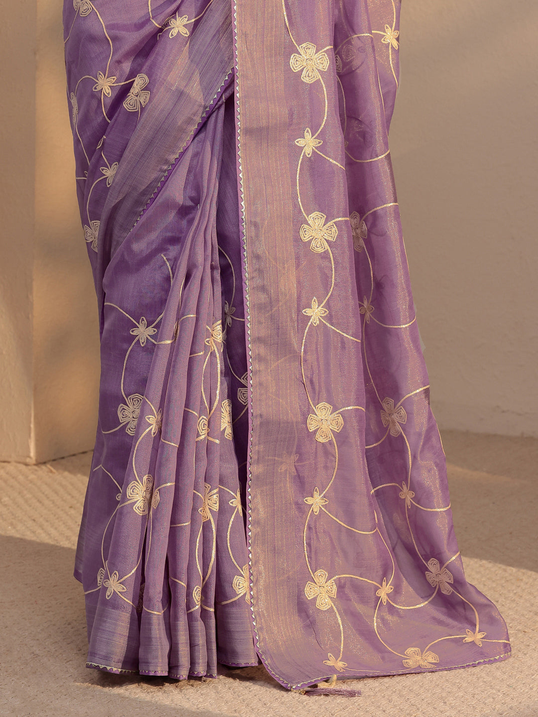 Purple Floral Embroidered Tissue Saree 