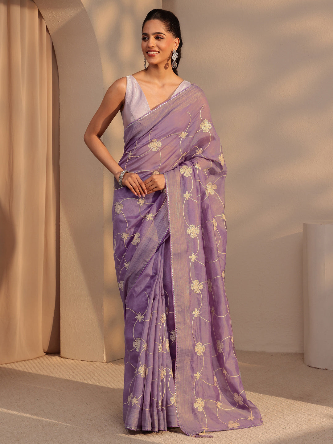  Purple Floral Embroidered Tissue Saree 