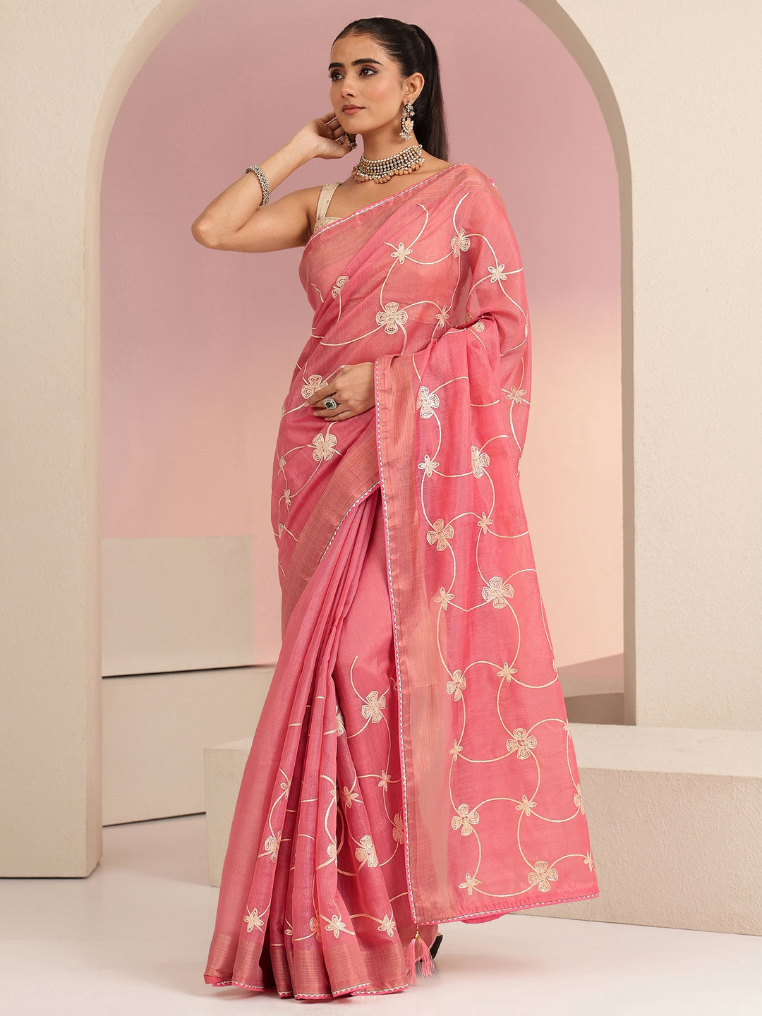  Peach Floral Embroidered Tissue Saree 