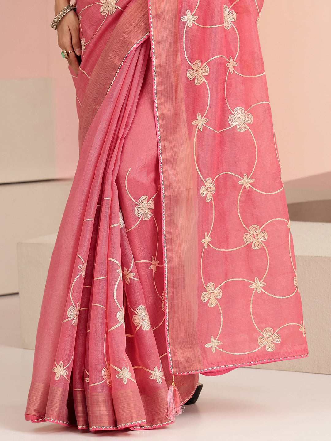  Peach Floral Embroidered Tissue Saree 
