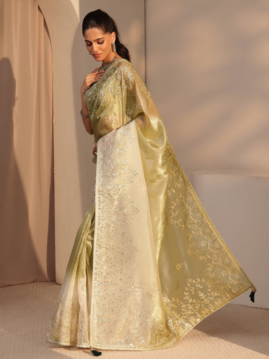  Light Olive Green Floral Embellished Ombre Satin Saree 