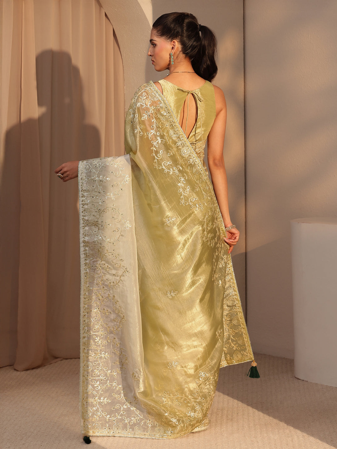  Light Olive Green Floral Embellished Ombre Satin Saree 