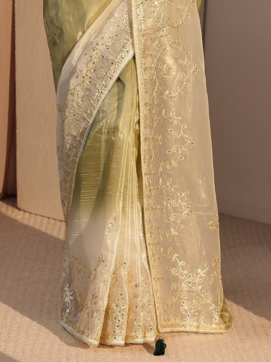  Light Olive Green Floral Embellished Ombre Satin Saree 