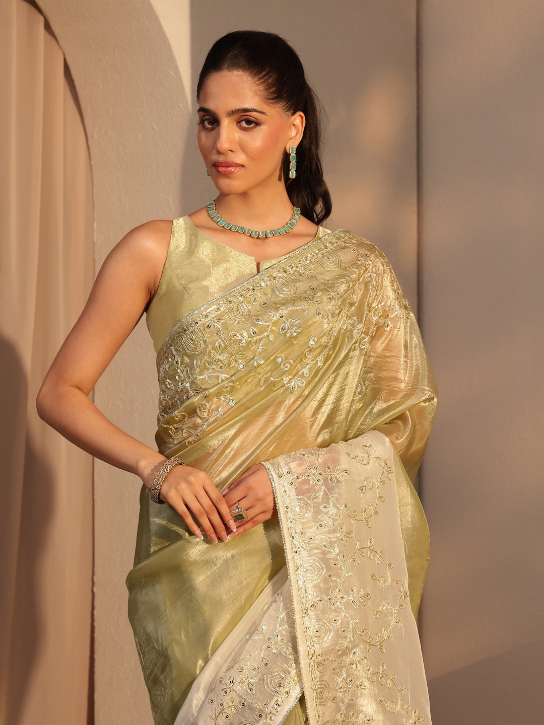  Light Olive Green Floral Embellished Ombre Satin Saree 