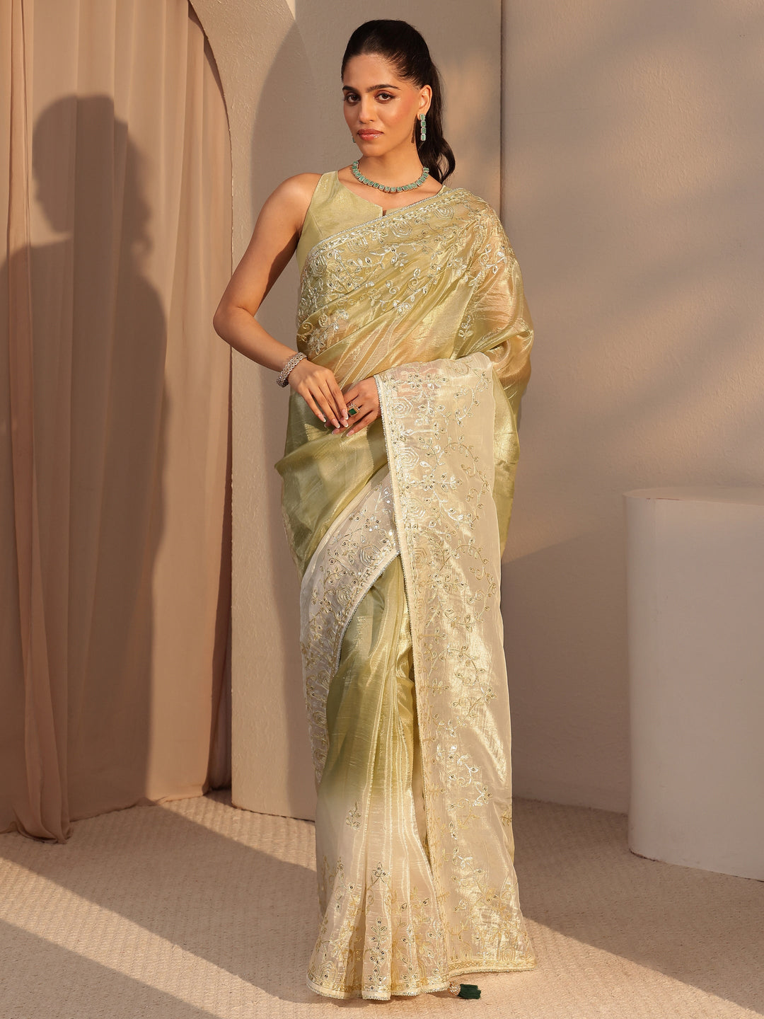  Light Olive Green Floral Embellished Ombre Satin Saree 