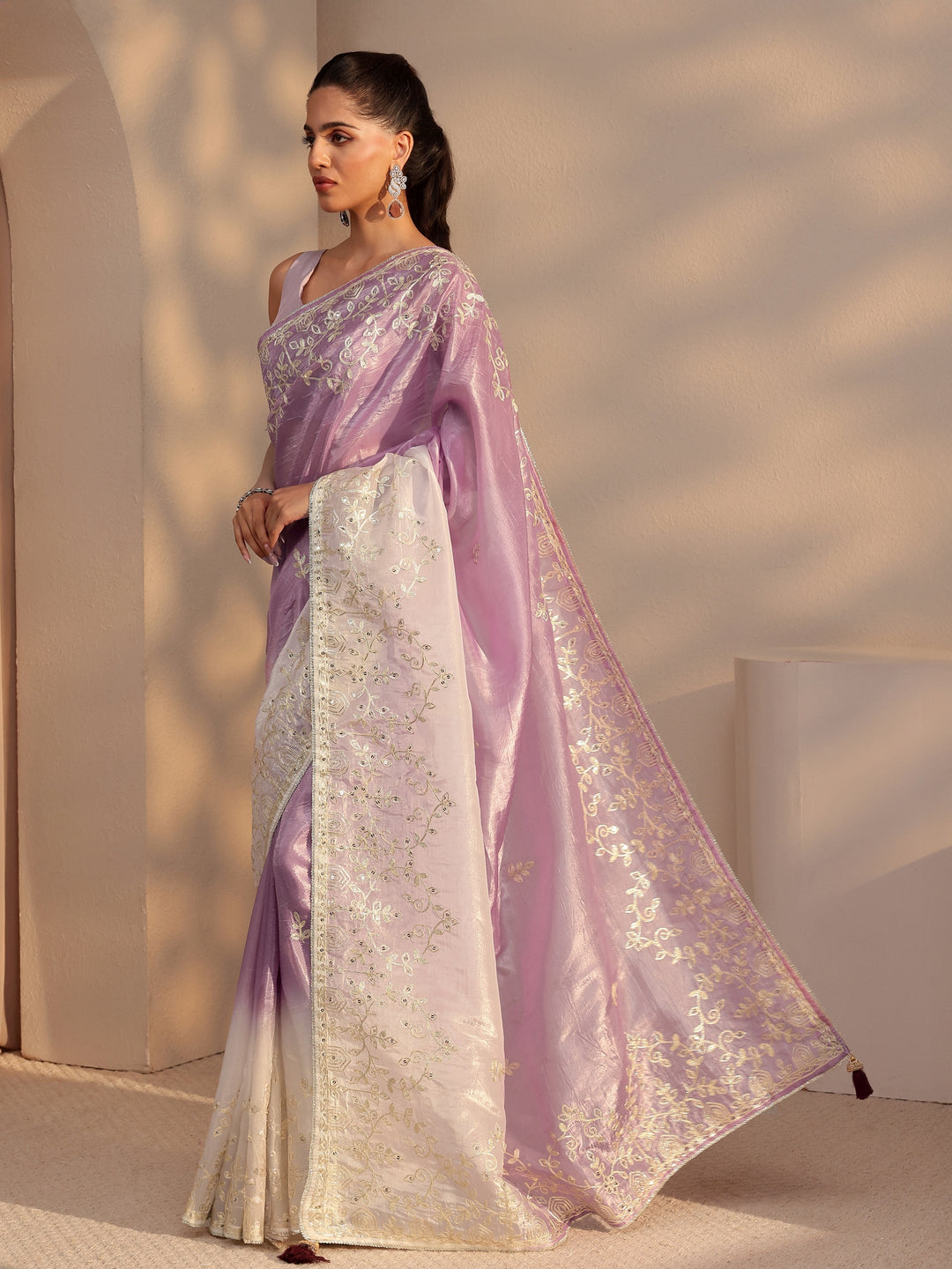  Purple Floral Embellished Ombre Satin Saree 