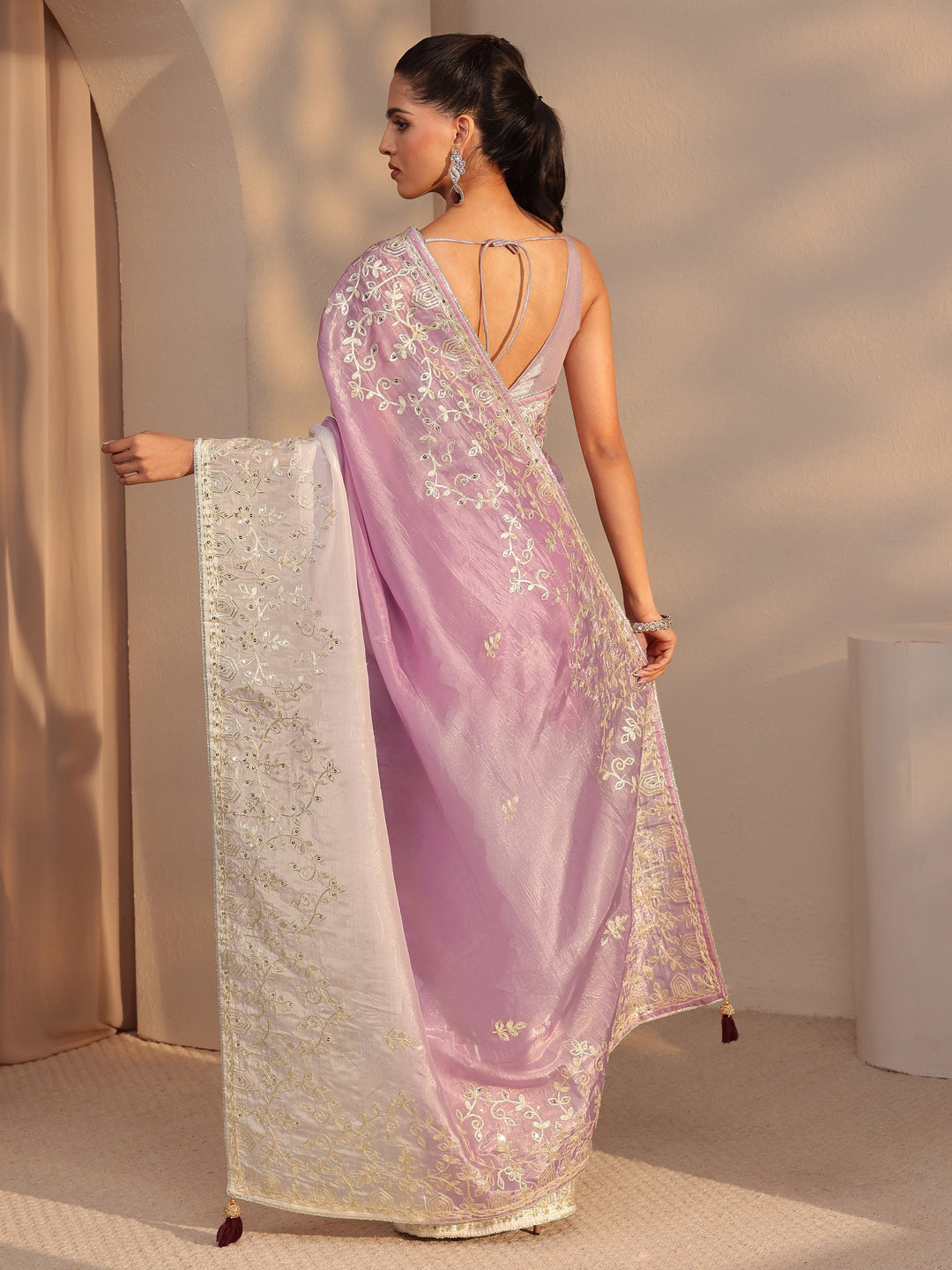  Purple Floral Embellished Ombre Satin Saree 