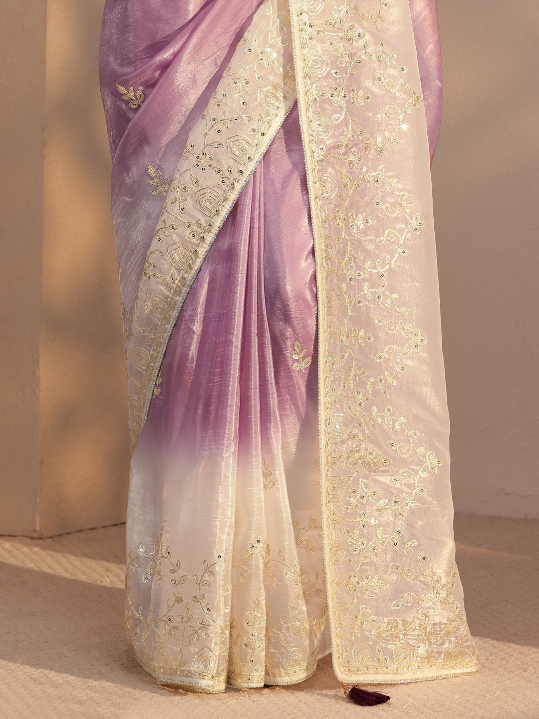  Purple Floral Embellished Ombre Satin Saree 