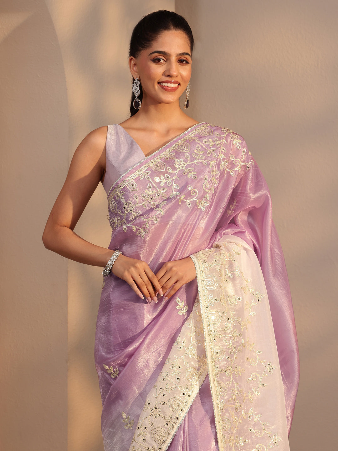  Purple Floral Embellished Ombre Satin Saree 