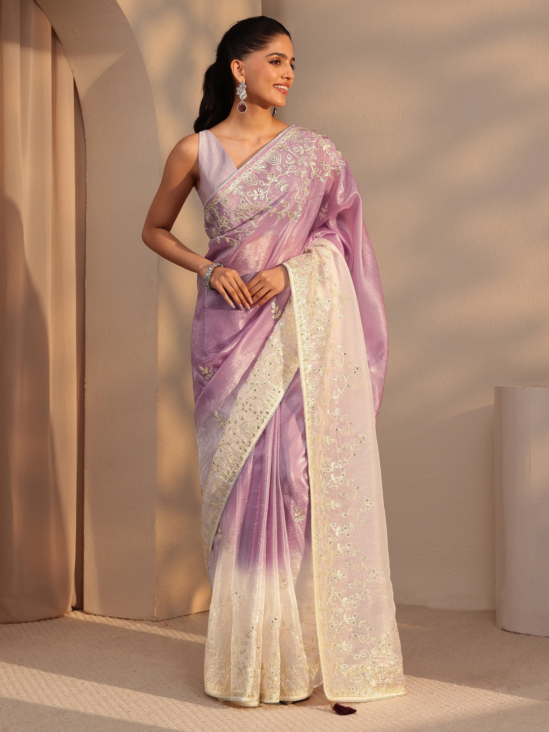  Purple Floral Embellished Ombre Satin Saree 