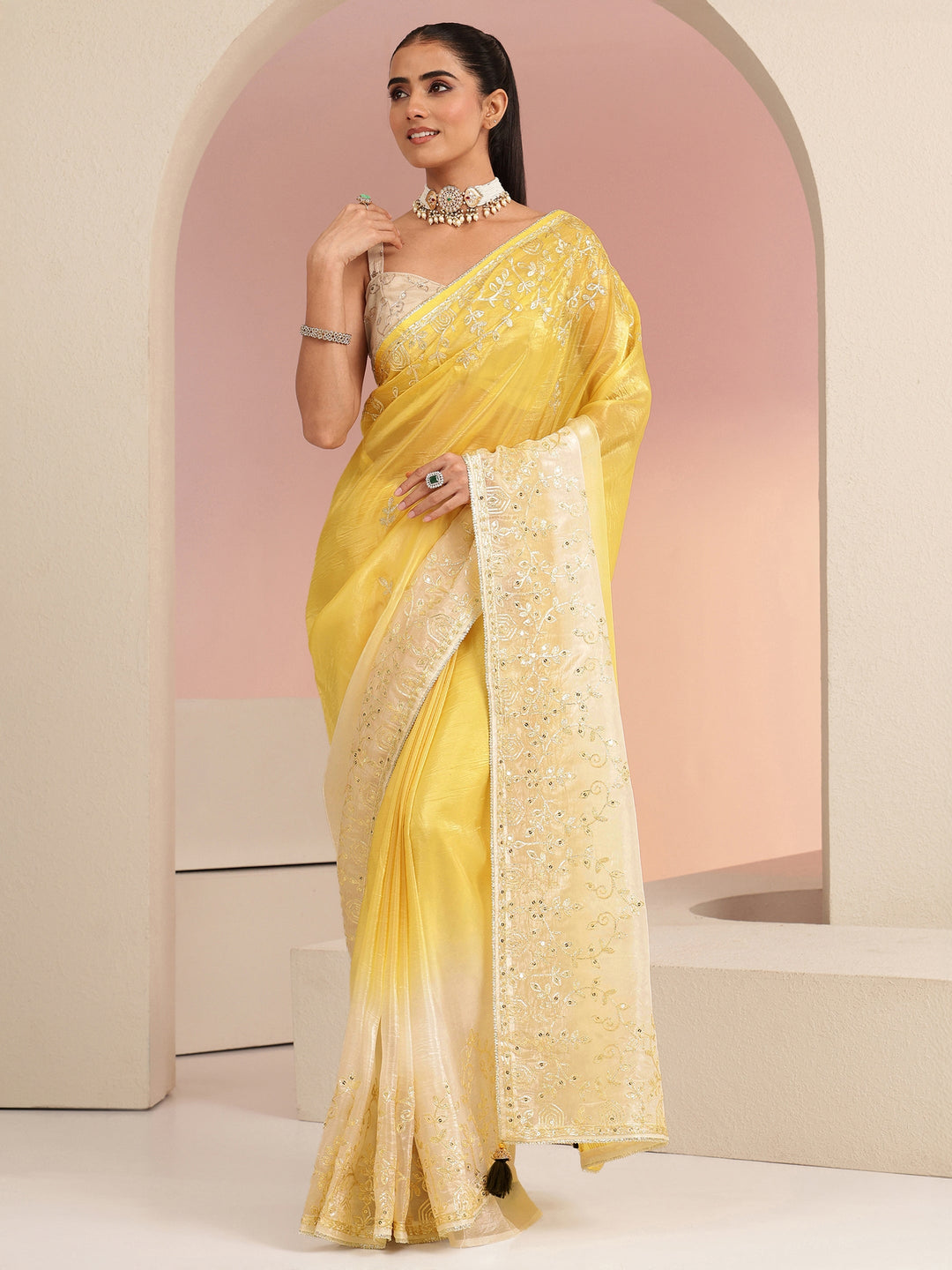  Mustard Floral Embellished Ombre Satin Saree 