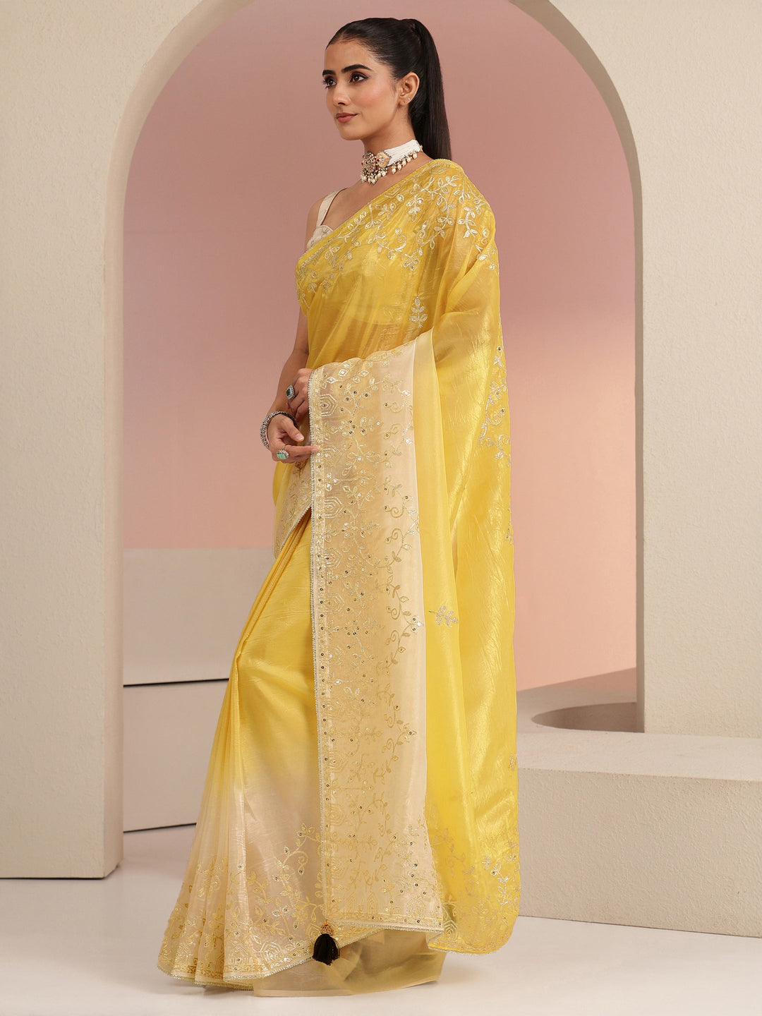  Mustard Floral Embellished Ombre Satin Saree 