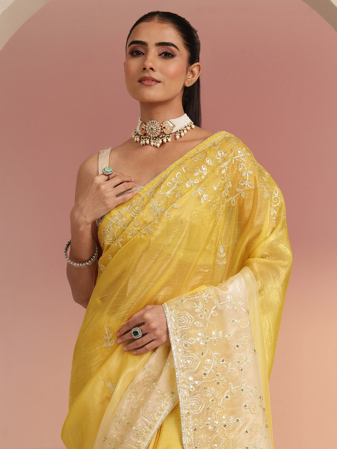  Mustard Floral Embellished Ombre Satin Saree 