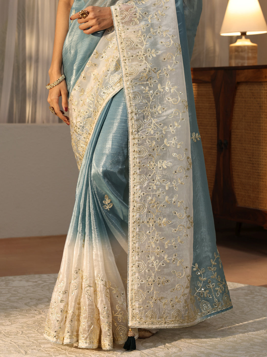  Dusty Blue Floral Embellished Ombre Satin Saree 