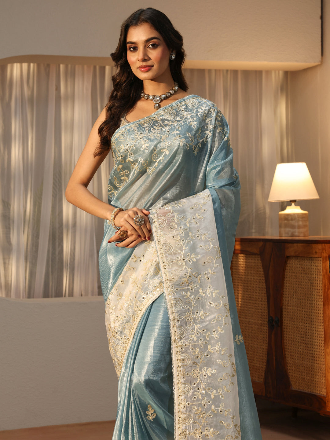  Dusty Blue Floral Embellished Ombre Satin Saree 