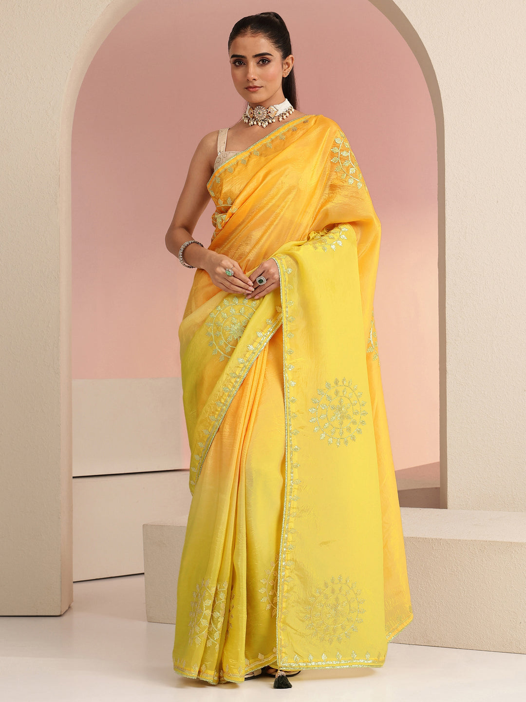  Mustard Ethnic Embroidered Ombre Satin Saree 