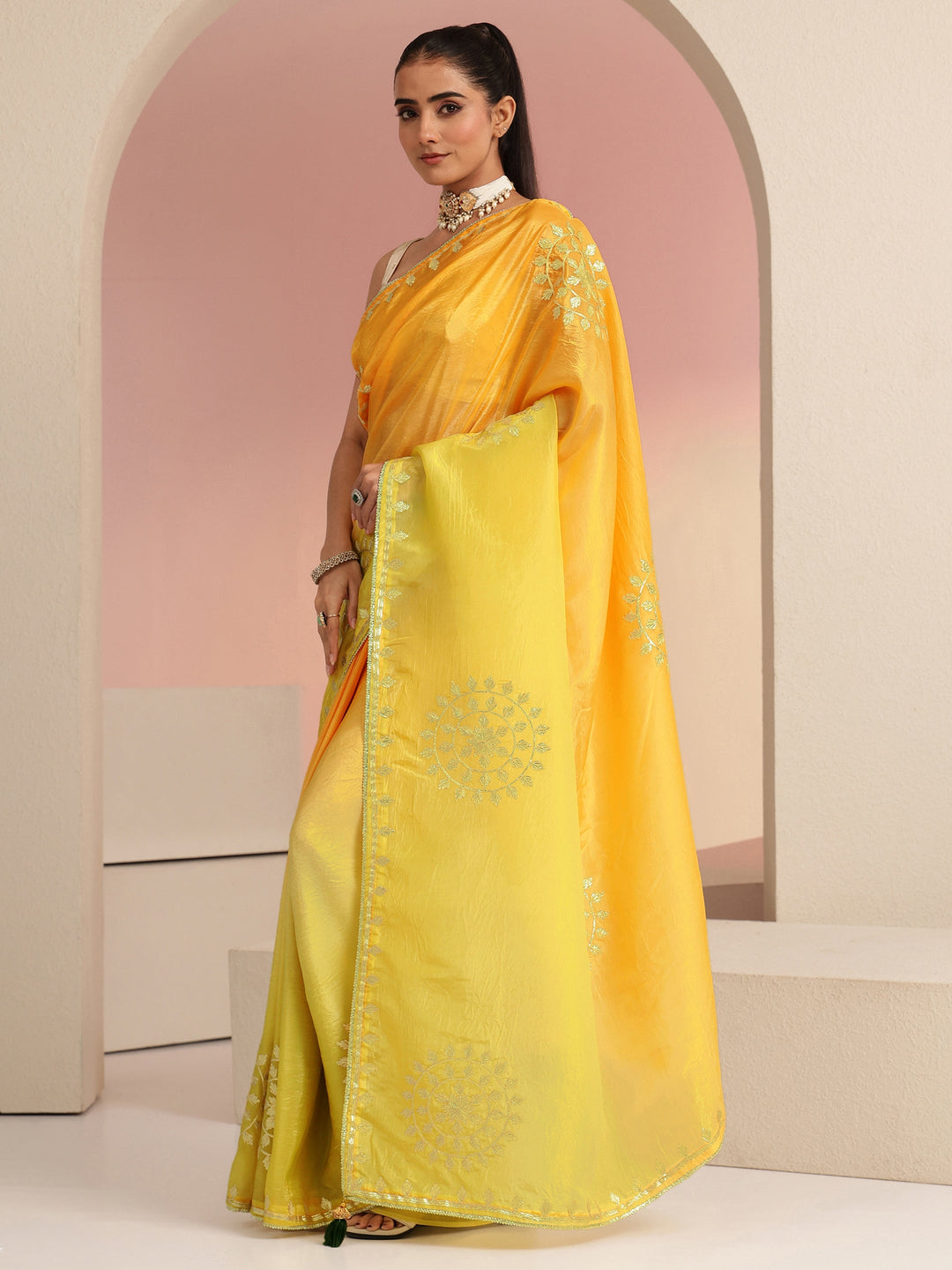  Mustard Ethnic Embroidered Ombre Satin Saree 