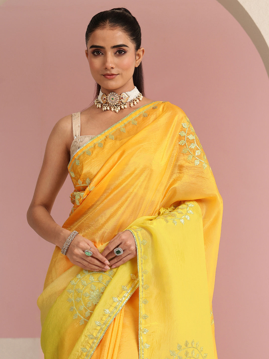  Mustard Ethnic Embroidered Ombre Satin Saree 