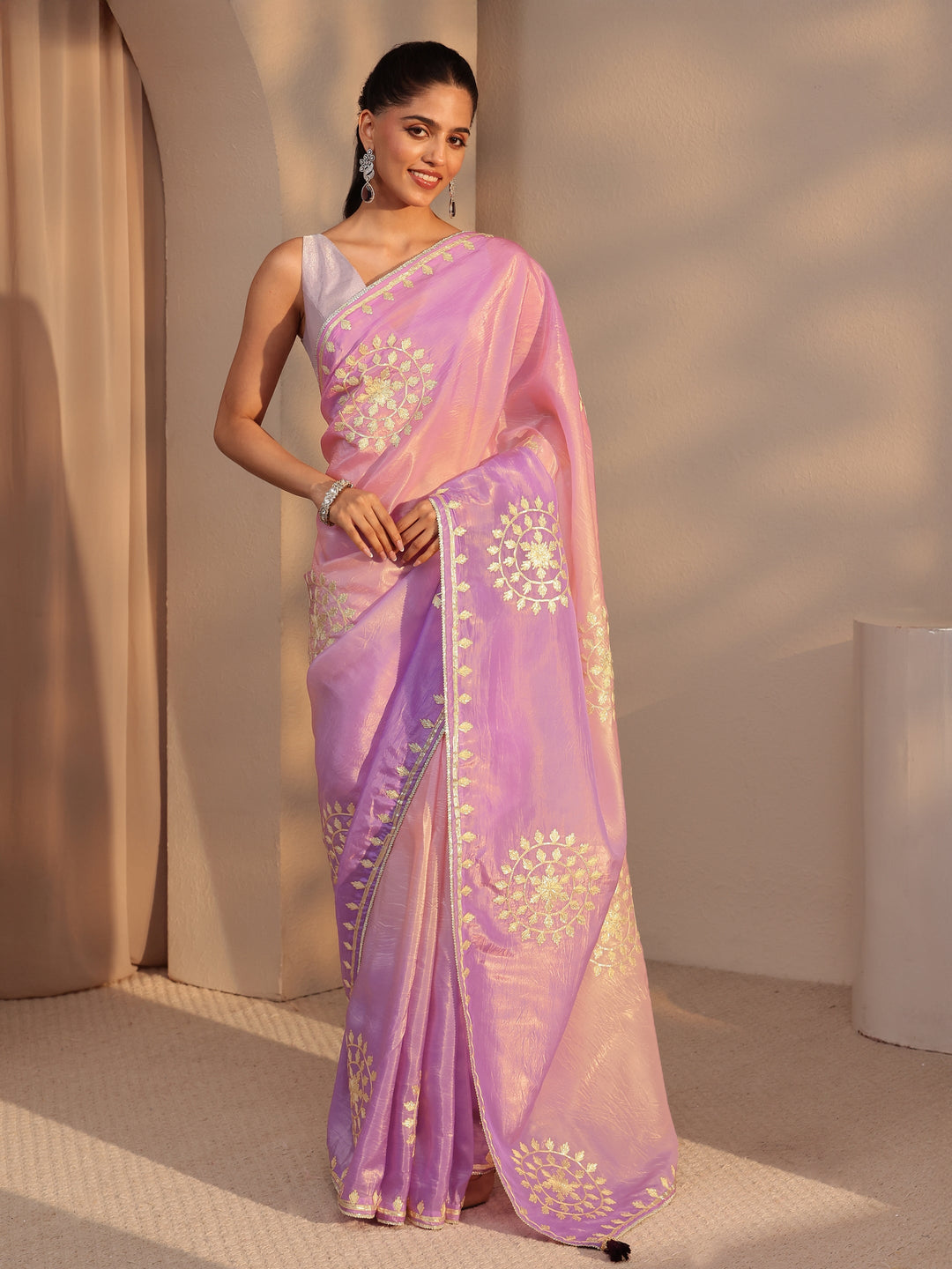  Lavender Ethnic Embroidered Ombre Satin Saree 