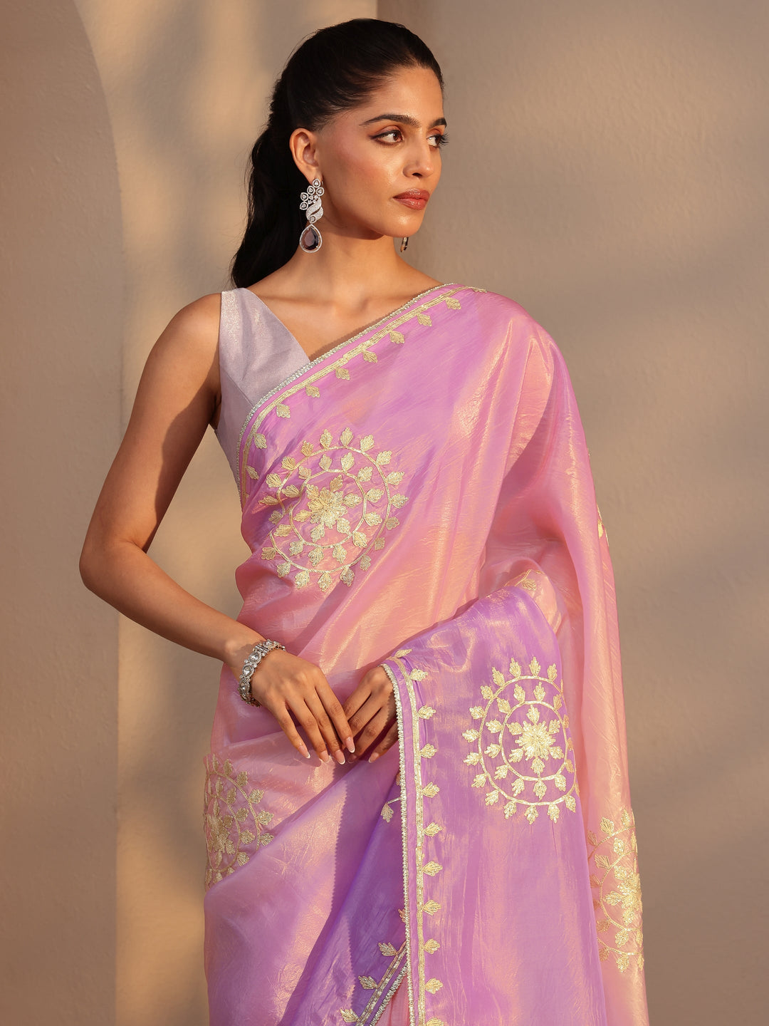  Lavender Ethnic Embroidered Ombre Satin Saree 