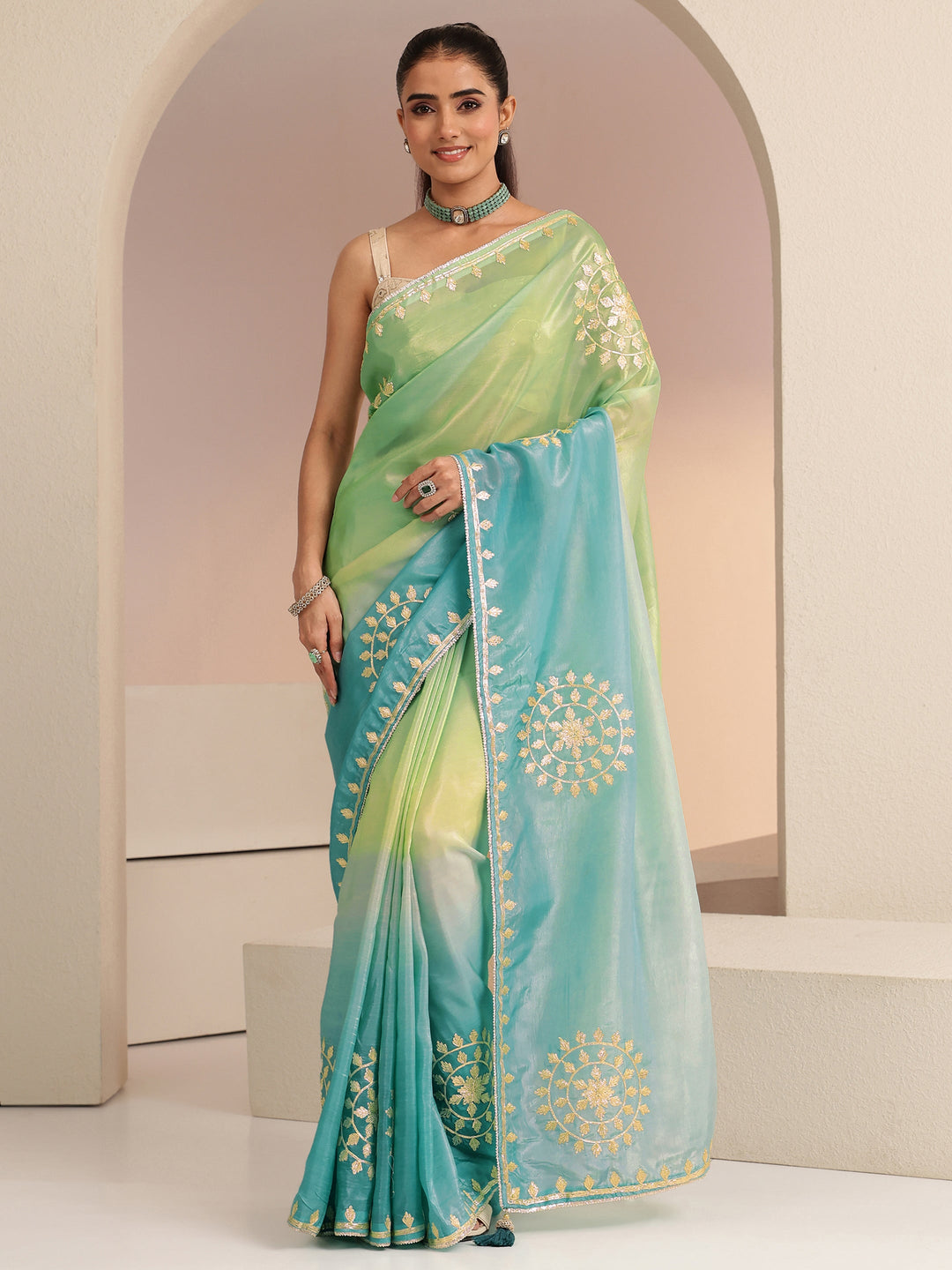  Aqua Blue Ethnic Embroidered Ombre Satin Saree 