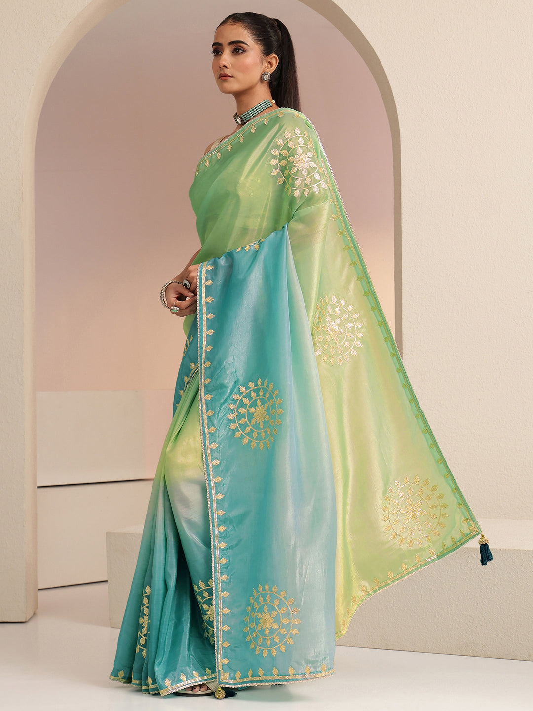  Aqua Blue Ethnic Embroidered Ombre Satin Saree 