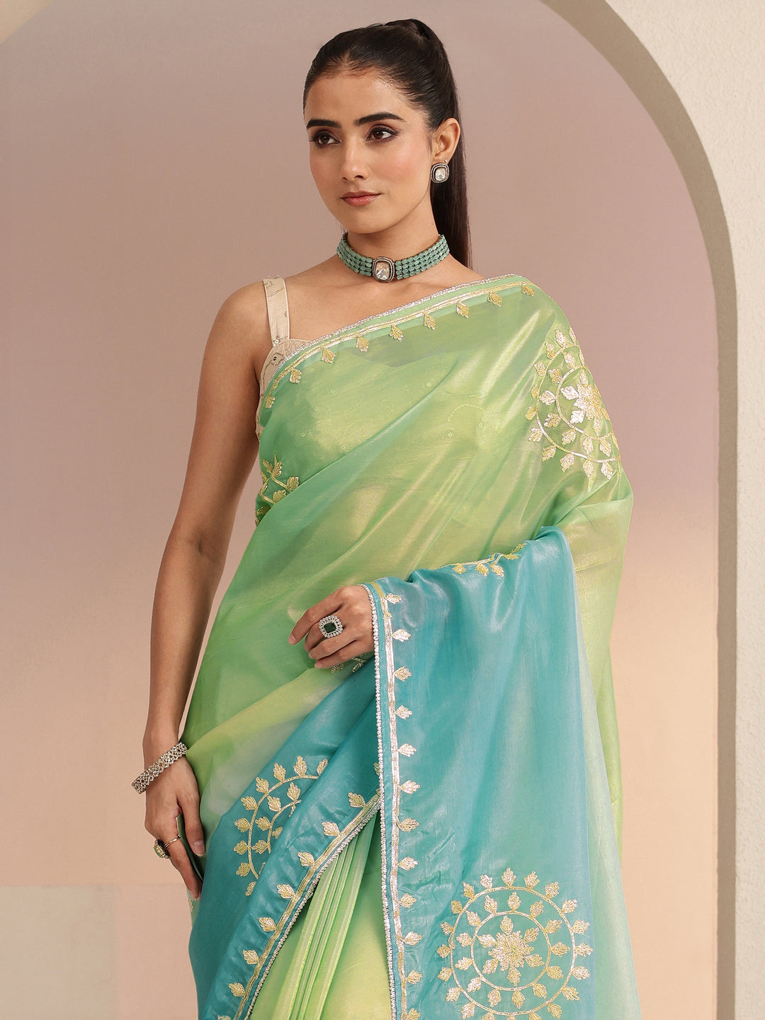  Aqua Blue Ethnic Embroidered Ombre Satin Saree 