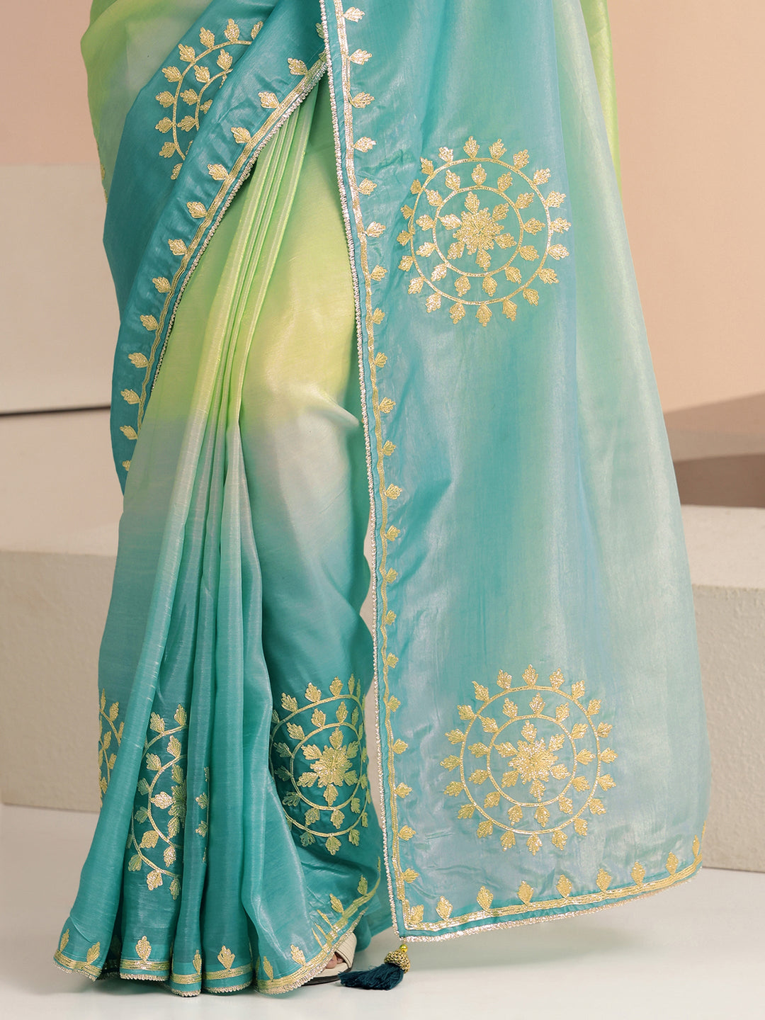  Aqua Blue Ethnic Embroidered Ombre Satin Saree 