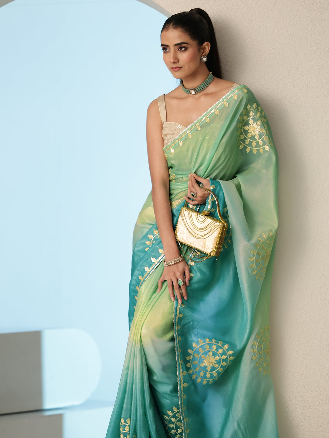  Aqua Blue Ethnic Embroidered Ombre Satin Saree 