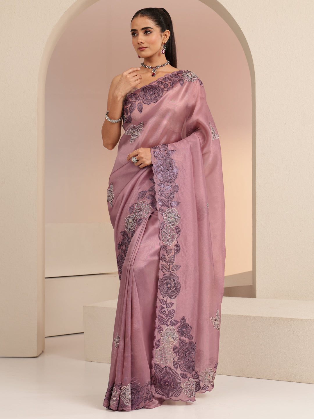  Mauve Floral Embroidered Net Saree 