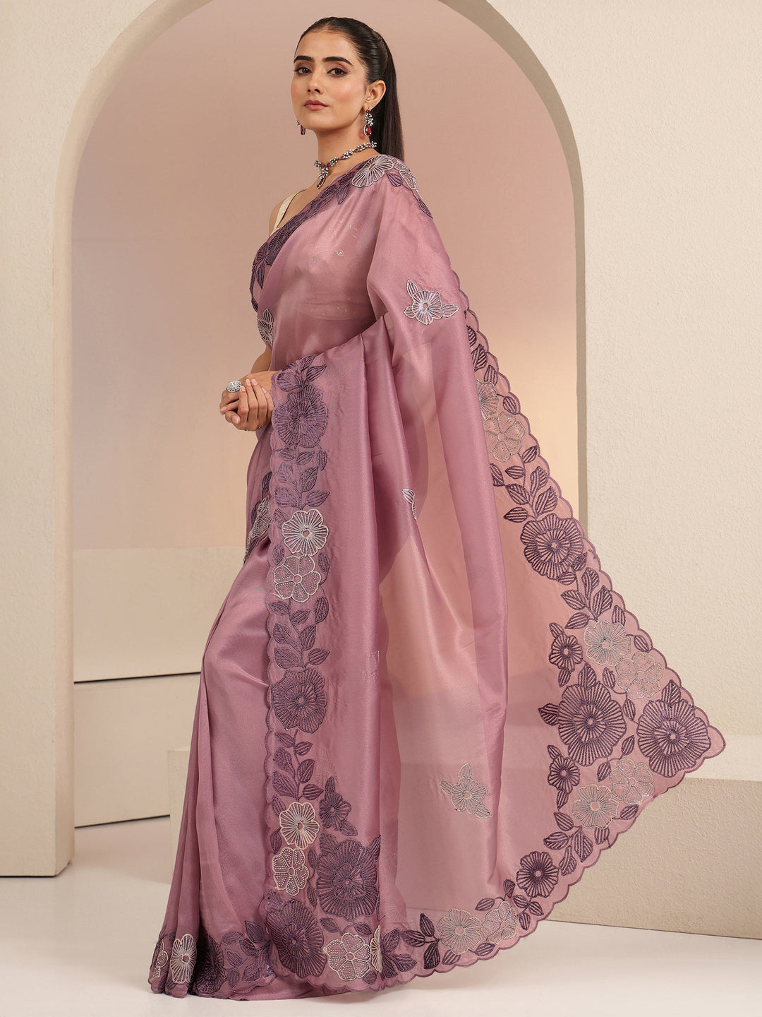  Mauve Floral Embroidered Net Saree 