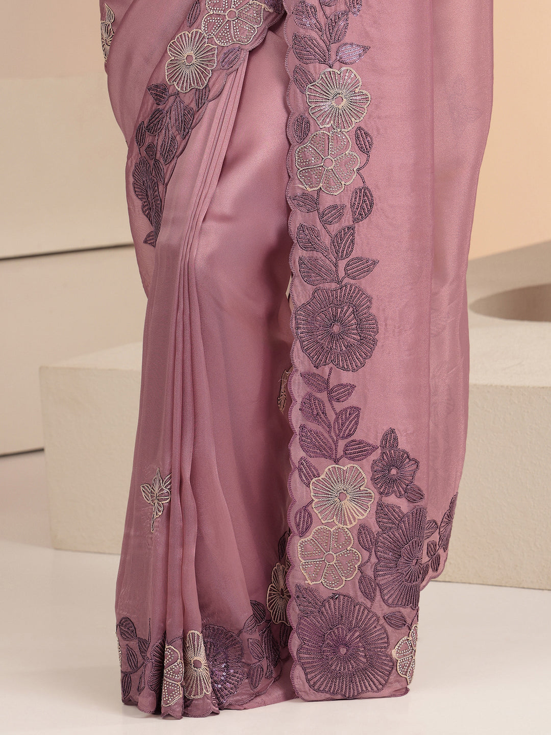  Mauve Floral Embroidered Net Saree 