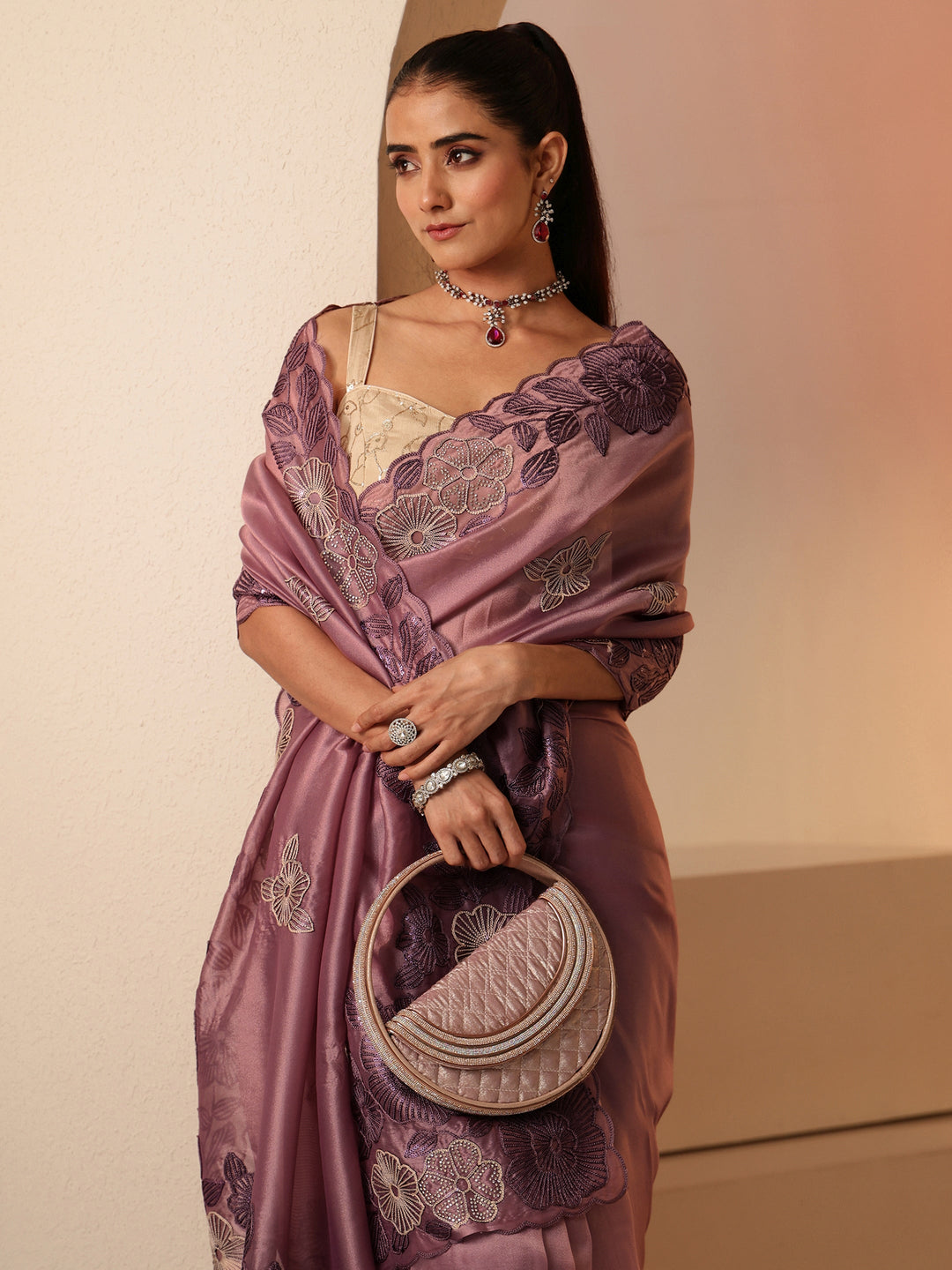  Mauve Floral Embroidered Net Saree 