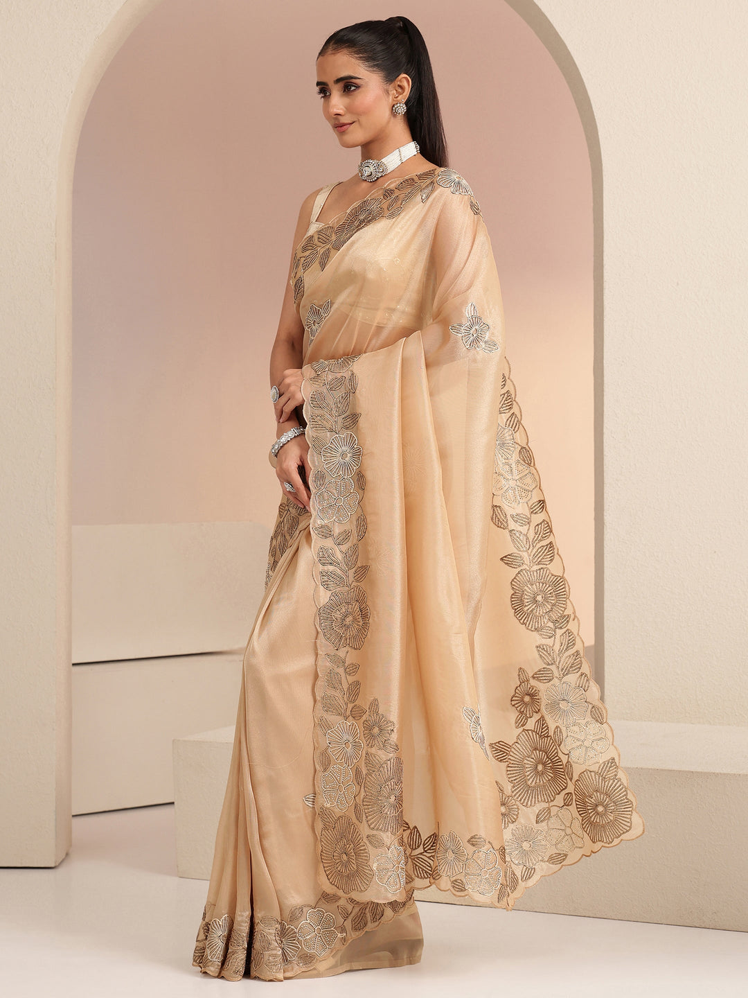  Beige Floral Embroidered Net Saree 