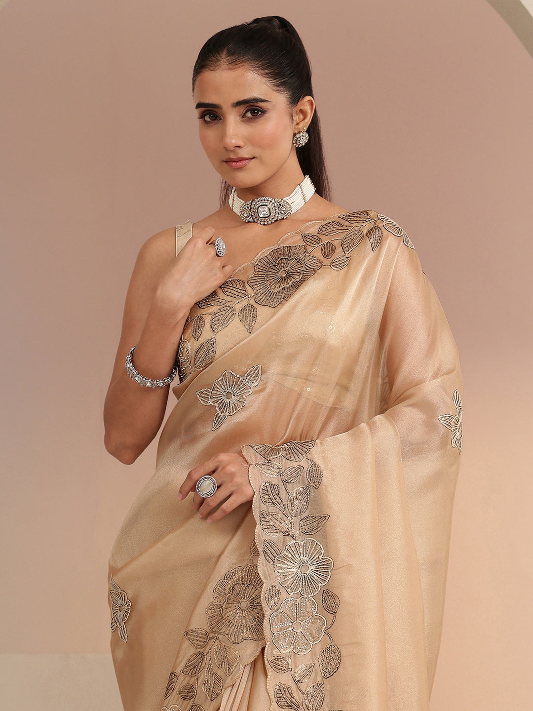  Beige Floral Embroidered Net Saree 