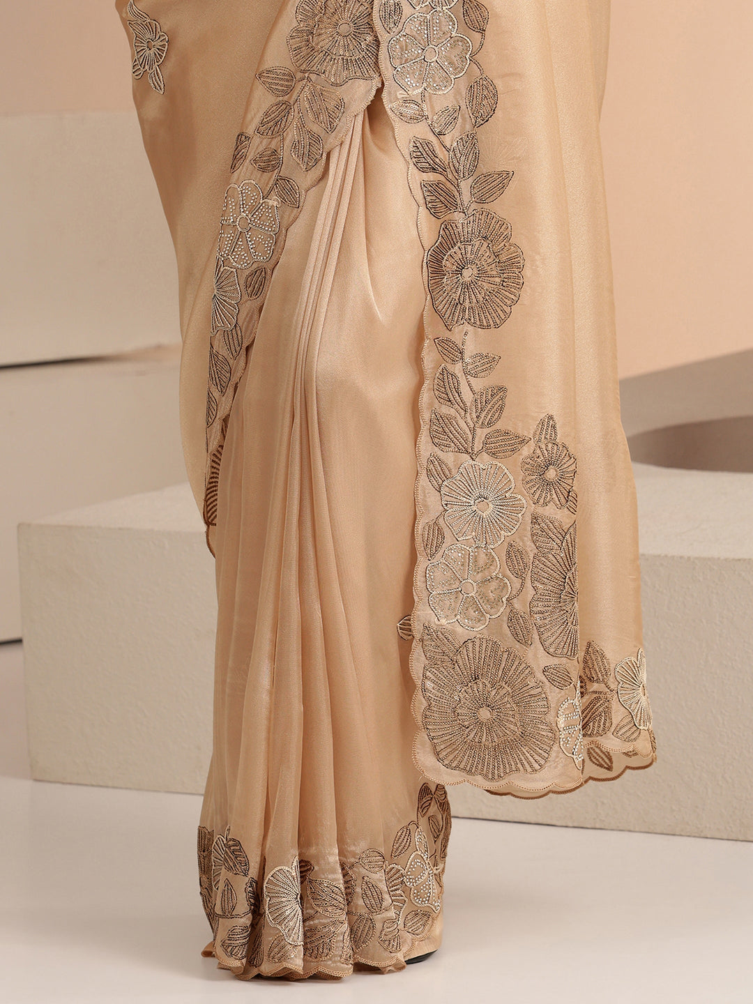  Beige Floral Embroidered Net Saree 