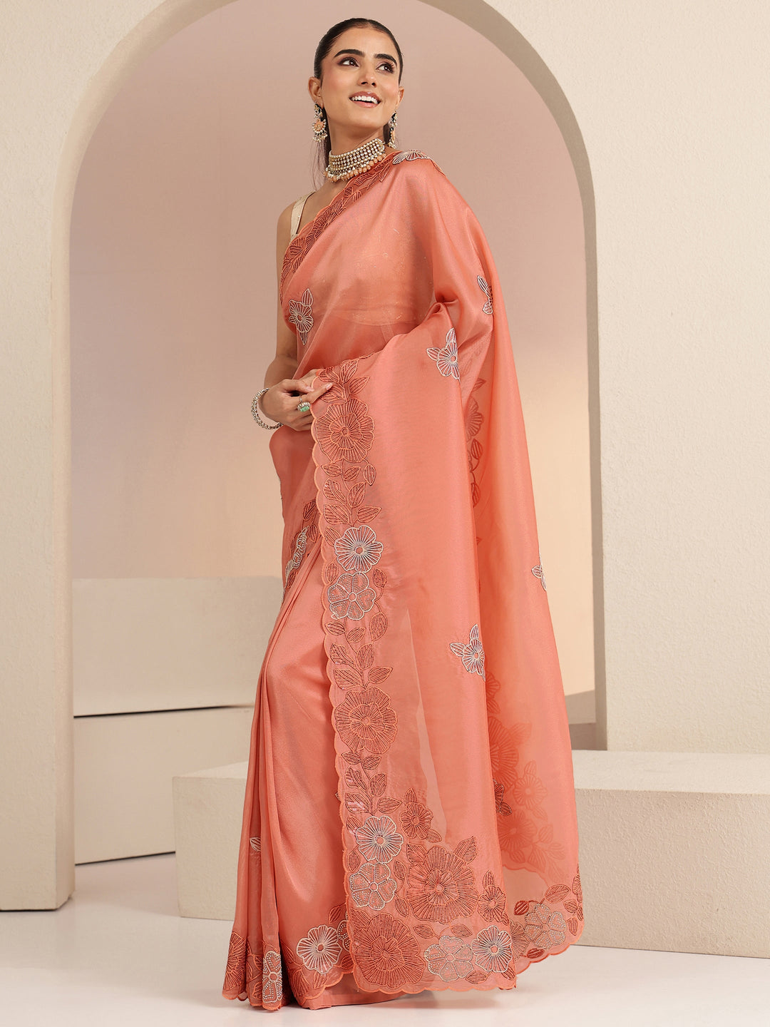  Peach Floral Embroidered Net Saree 