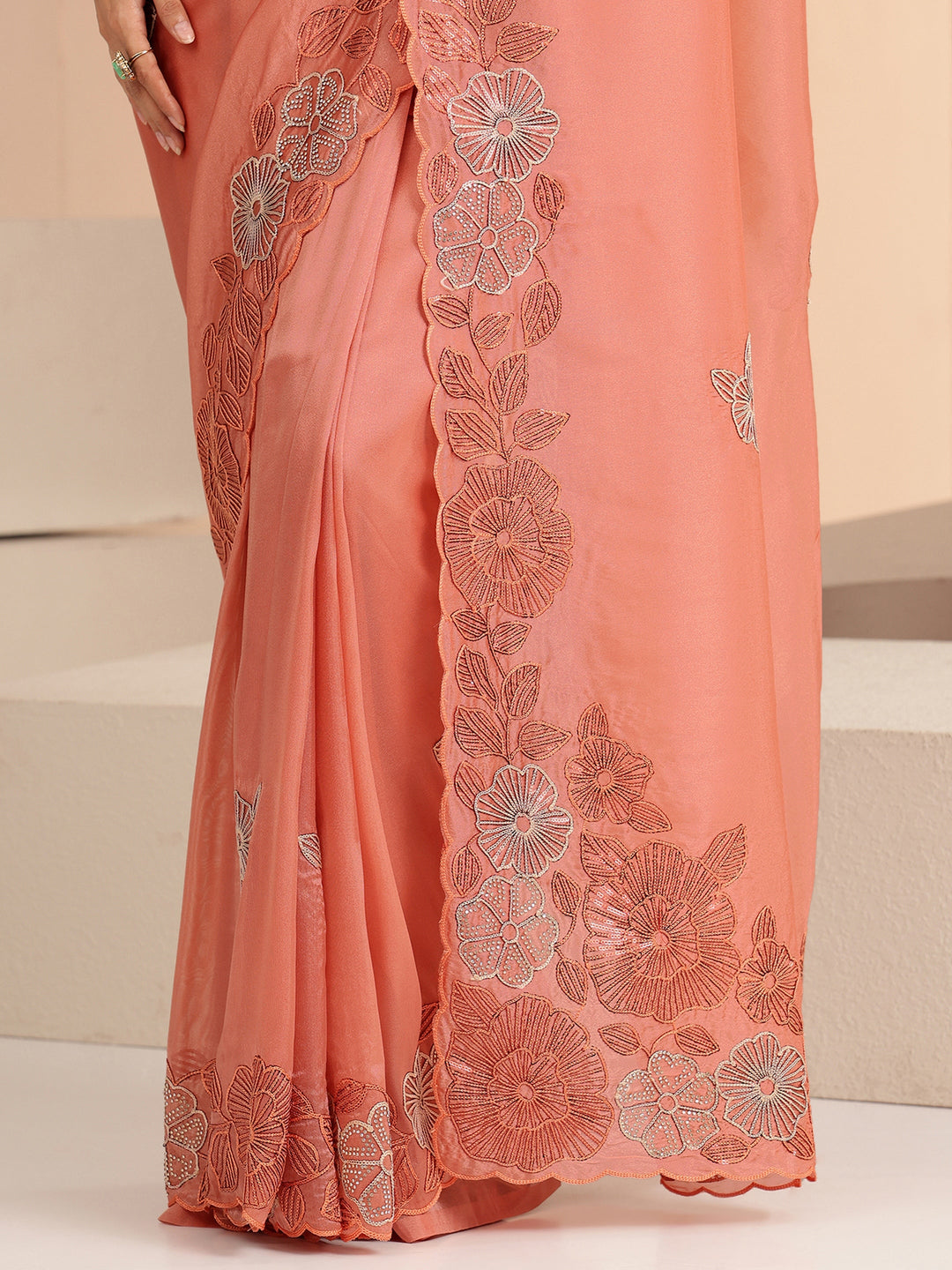  Peach Floral Embroidered Net Saree 