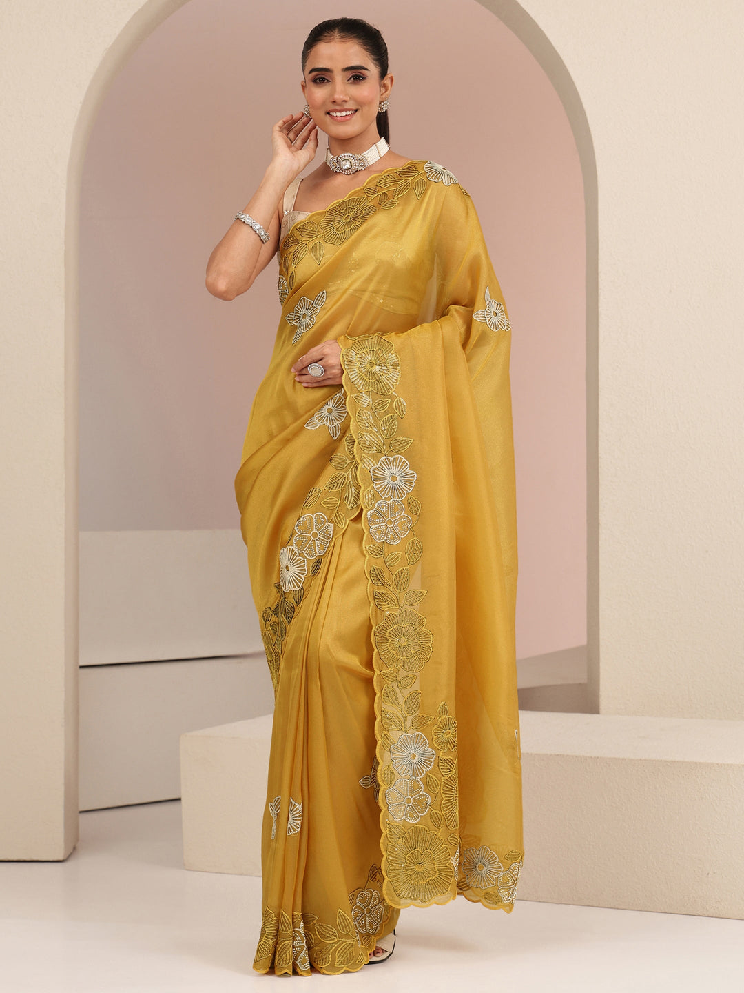  Mustard Floral Embroidered Net Saree 