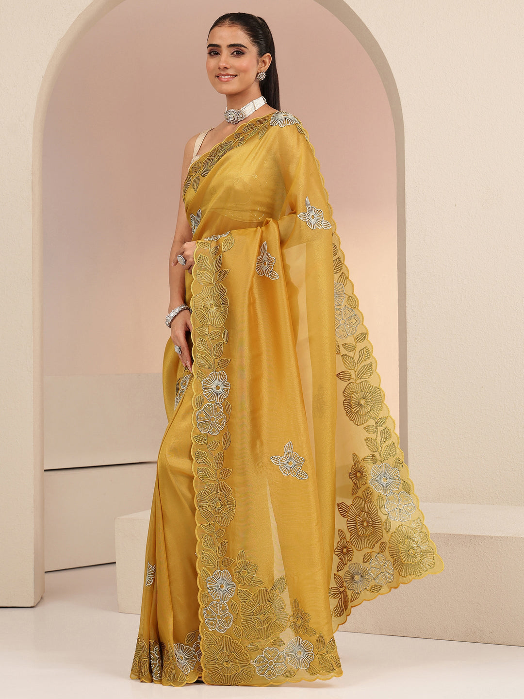  Mustard Floral Embroidered Net Saree 