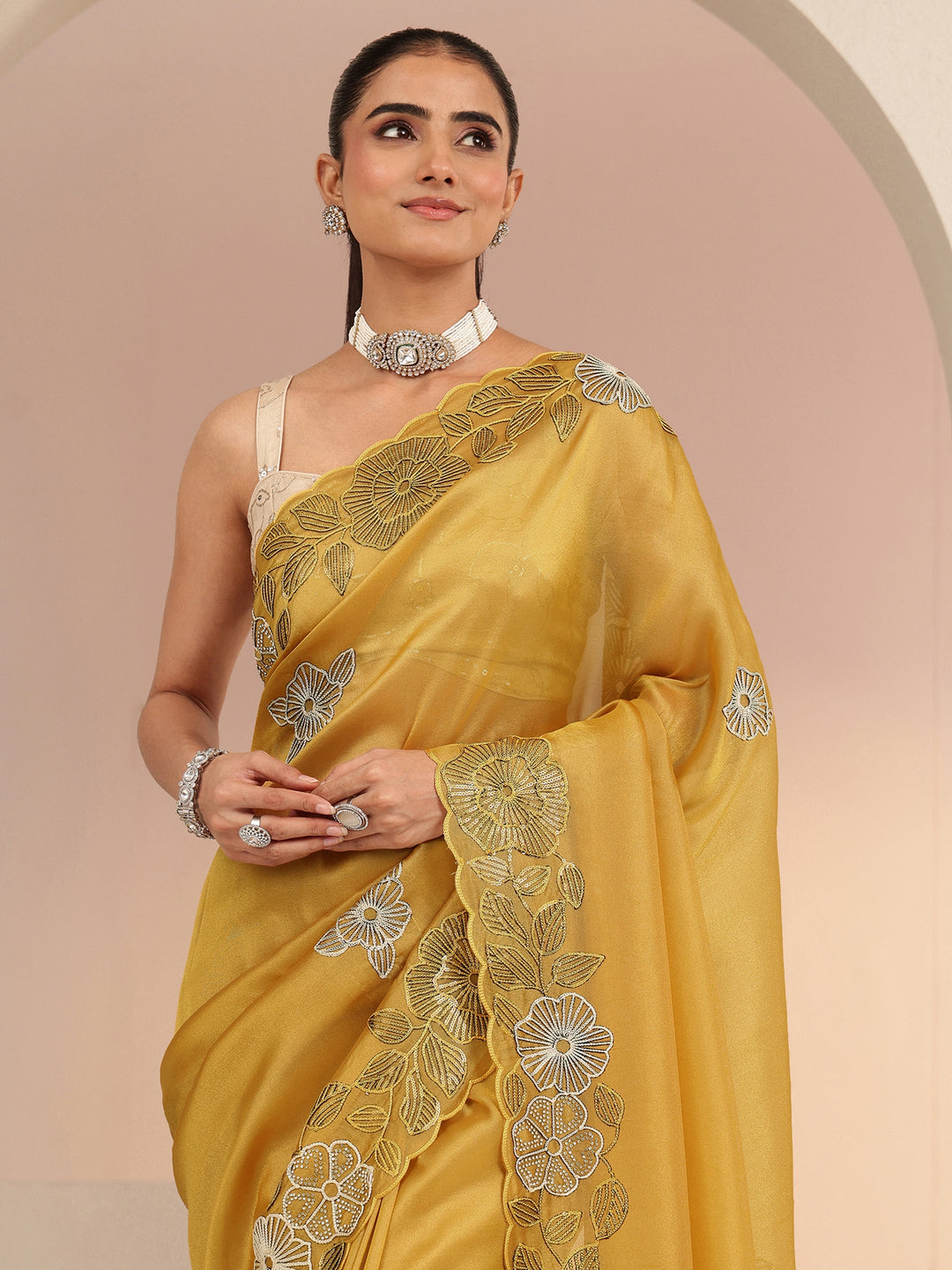  Mustard Floral Embroidered Net Saree 