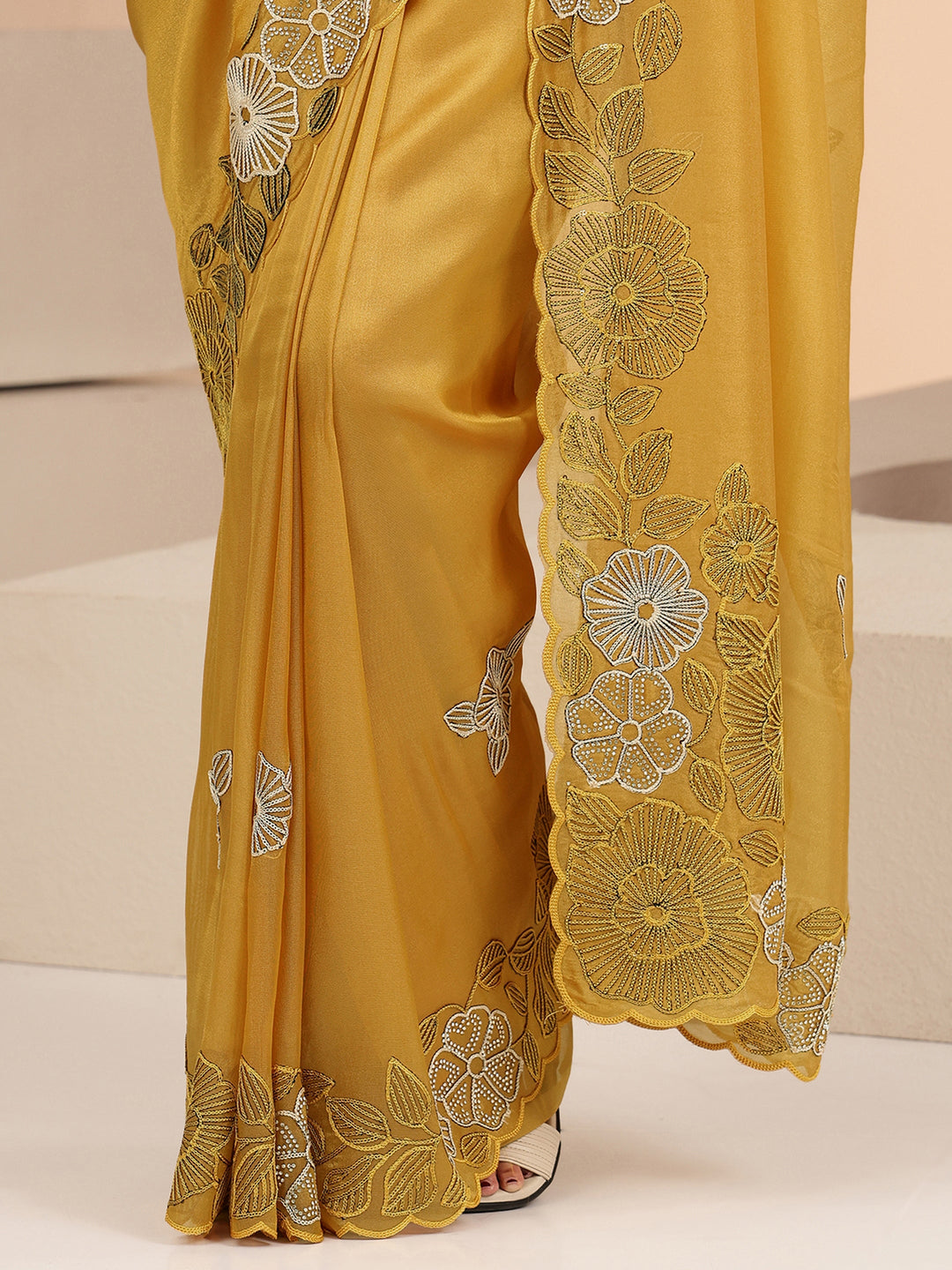  Mustard Floral Embroidered Net Saree 