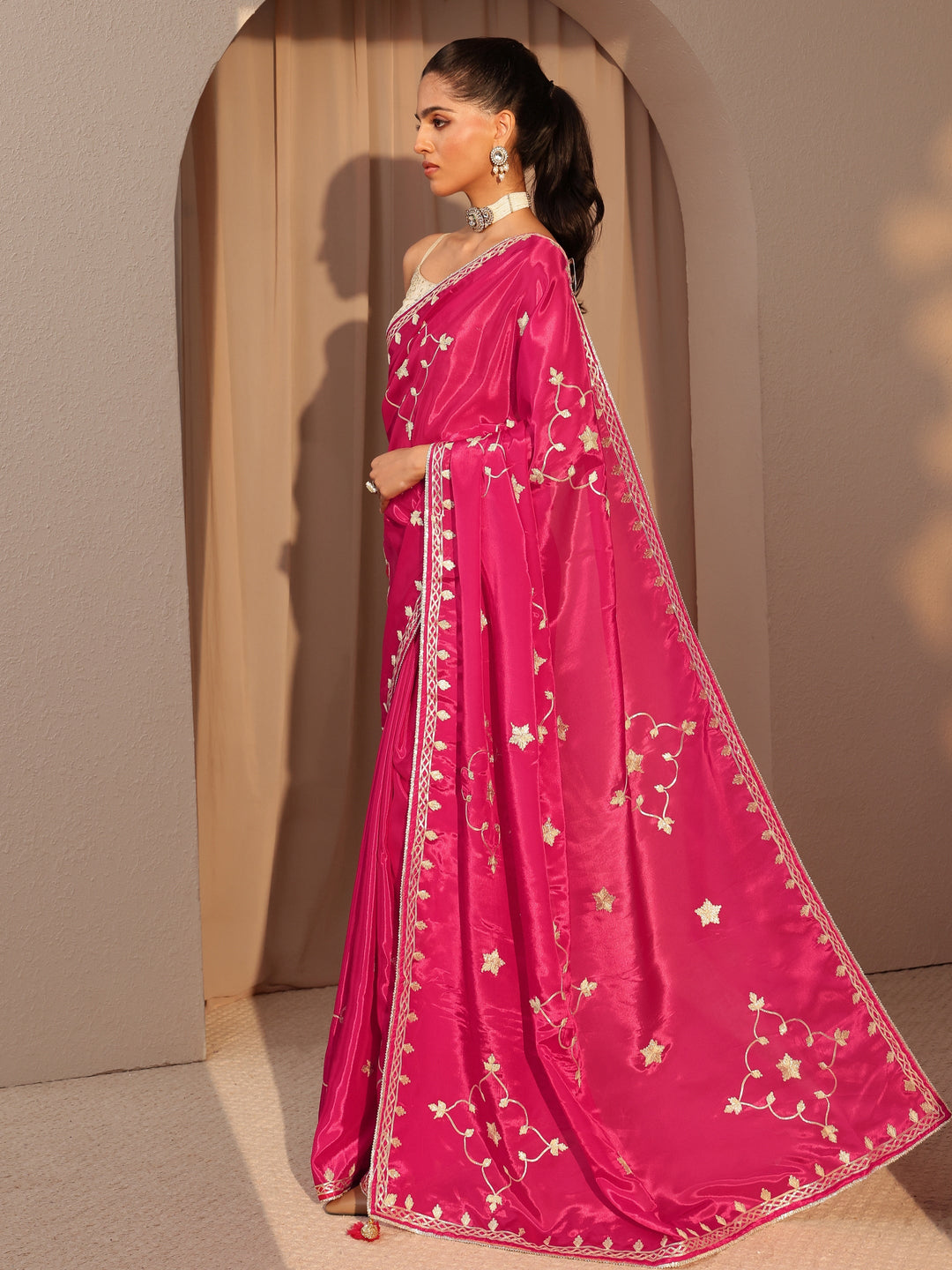 Fuchsia Pink Embellished Satin Saree 