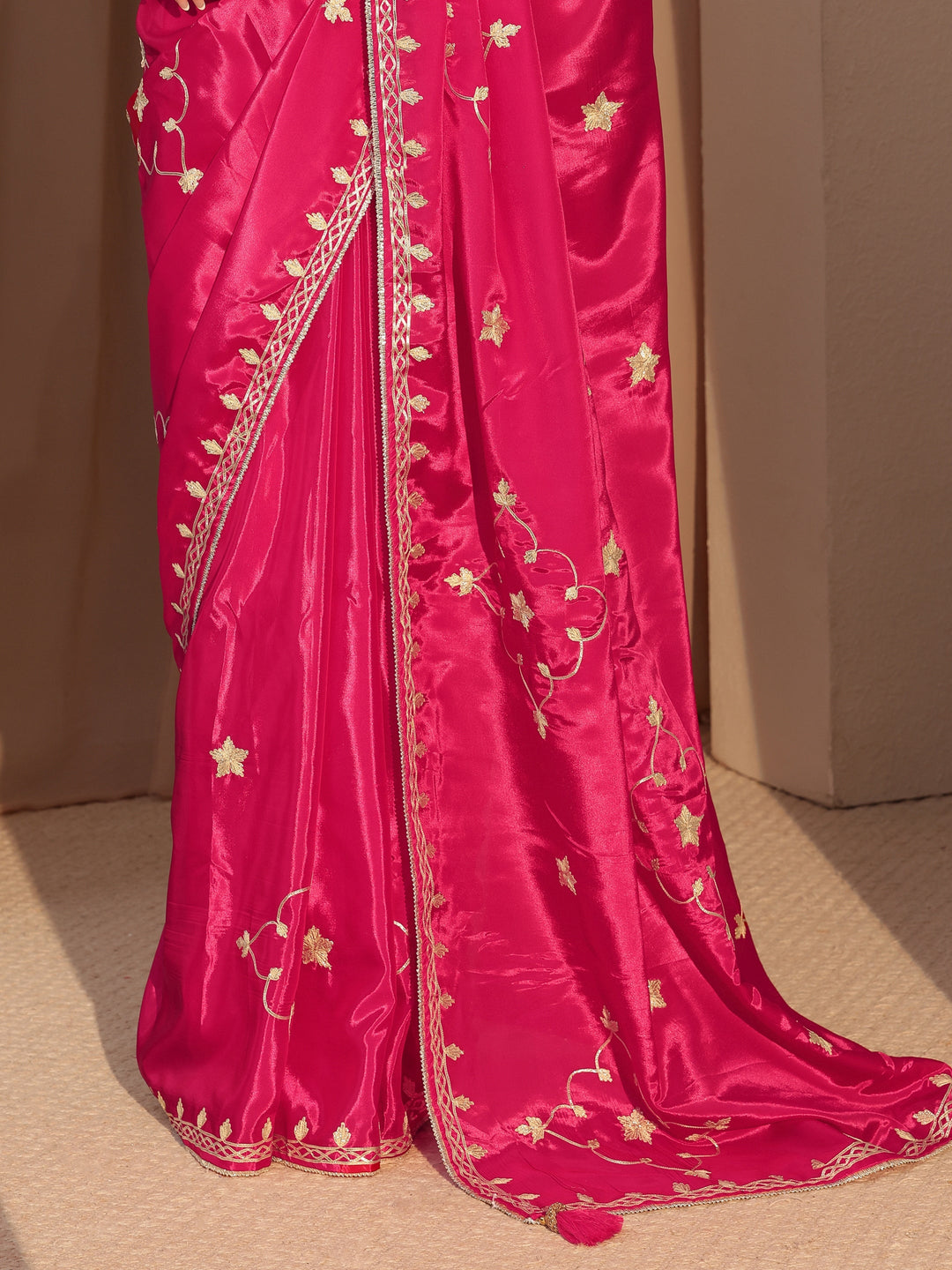  Fuchsia Pink Embellished Satin Saree 