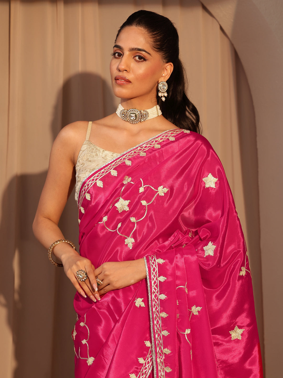  Fuchsia Pink Embellished Satin Saree 